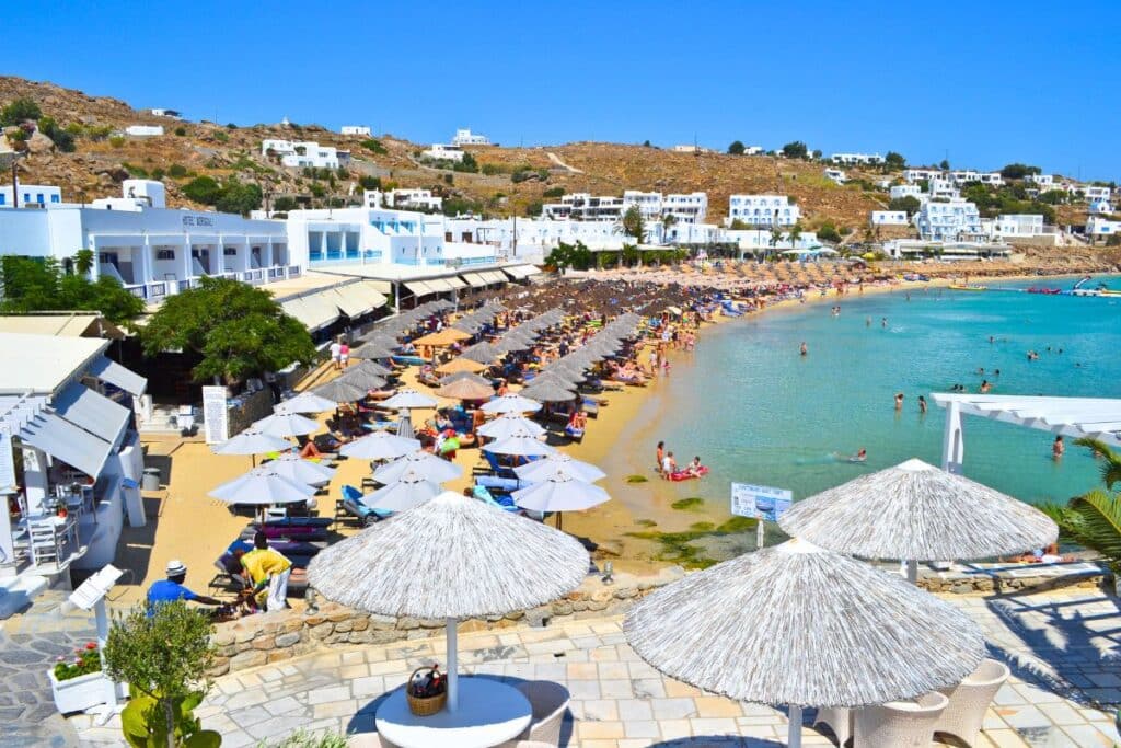 The beach resort area of Platis Gialos on Mykonos